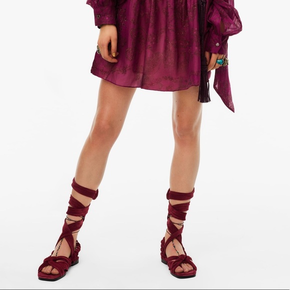 ZARA Tied Flat Leather Sandals - Burgundy Red - Picture 2 of 5